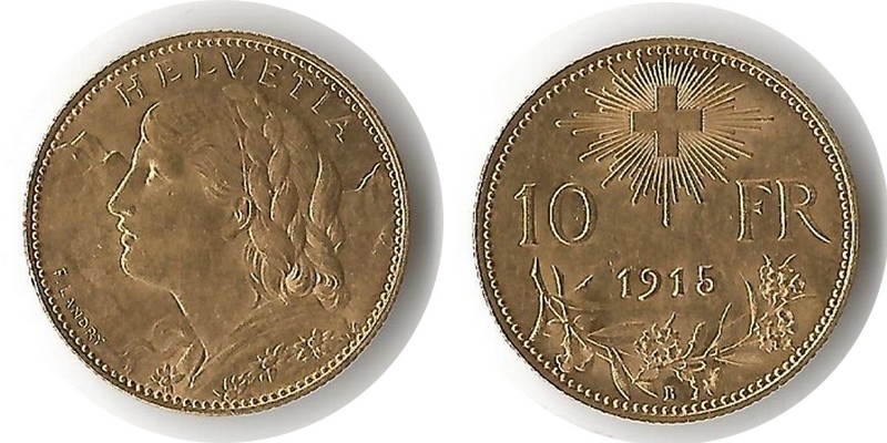 Schweiz MM-Frankfurt Feingewicht 2,90g Gold 10 sFR (1/2 Vreneli) 1915 sehr schön