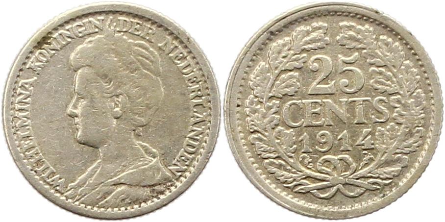 7212 Niederlande 25 Cent 1914 Silber sehr schön   