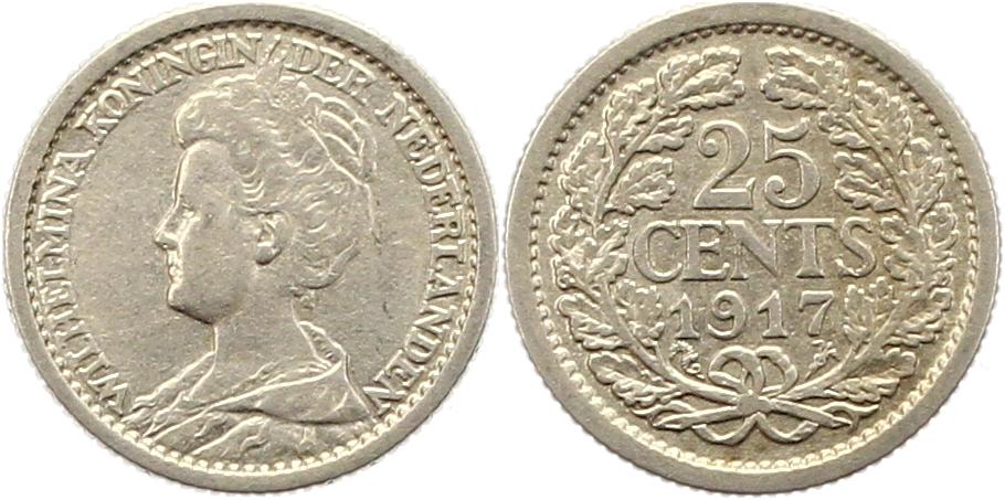 7213 Niederlande 25 Cent 1917 Silber sehr schön   