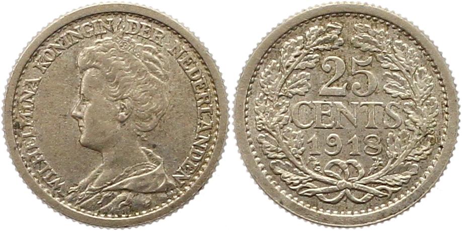  7214 Niederlande 25 Cent 1918 Silber vorzüglich   