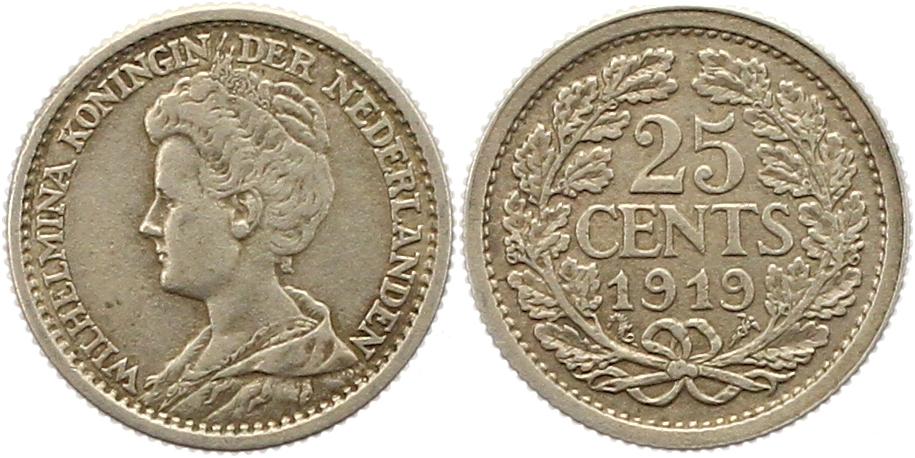  7215 Niederlande 25 Cent 1919 Silber sehr schön vorzüglich   