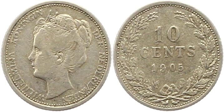  7218 Niederlande 10 Cent 1905 Silber sehr schön   