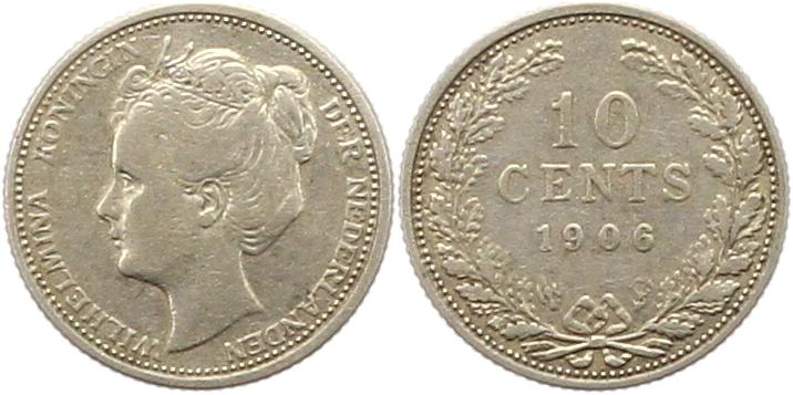  7219 Niederlande 10 Cent 1906 Silber sehr schön   