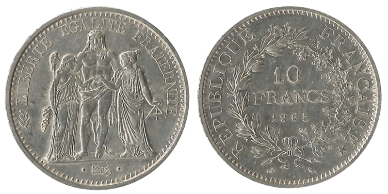  Frankreich  10 Francs  1965  FM-Frankfurt  Feingewicht: 22,5g  Silber sehr schön   