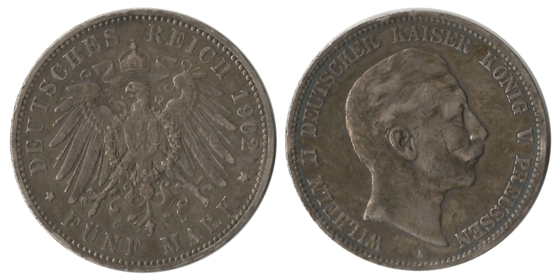  Preussen, Kaiserreich  5 Mark  1902 A  FM-Frankfurt Feingewicht: 25g Silber  sehr schön   