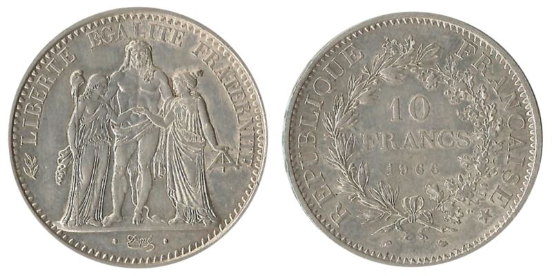  Frankreich  10 Francs  1966  FM-Frankfurt  Feingewicht: 22,5g  Silber sehr schön   