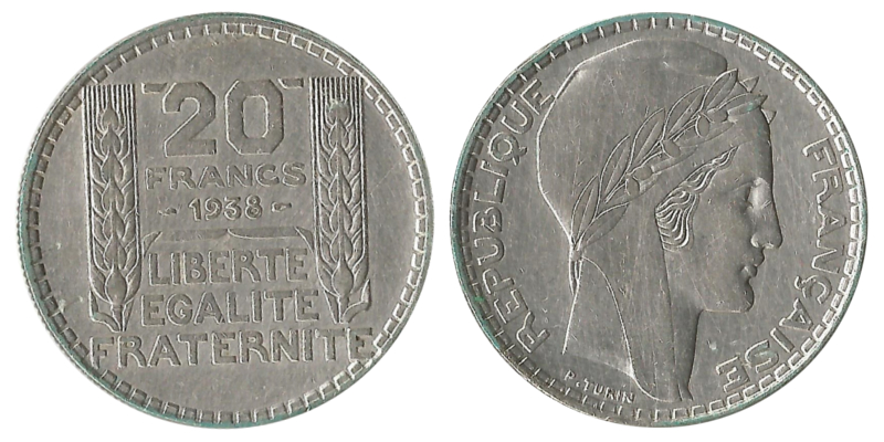  Frankreich  20 Francs  1938  FM-Frankfurt  Feingewicht: 13,6g  Silber sehr schön   