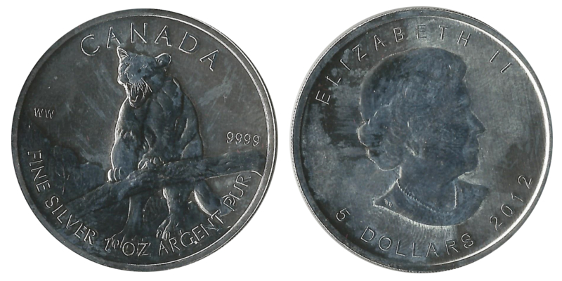  Kanada  5 Dollar (Puma) 2012  FM-Frankfurt Feingewicht: 31,1g Silber vorzüglich (Milchflecken)   