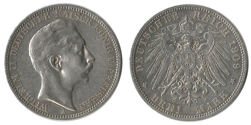  Preussen, Kaiserreich  3 Mark  1909 A  FM-Frankfurt Feingewicht: 15g Silber sehr schön   