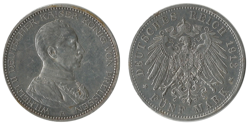  Preußen, Kaiserreich  5 Mark  1913 A  FM-Frankfurt Feingewicht: 25g Silber sehr schön   