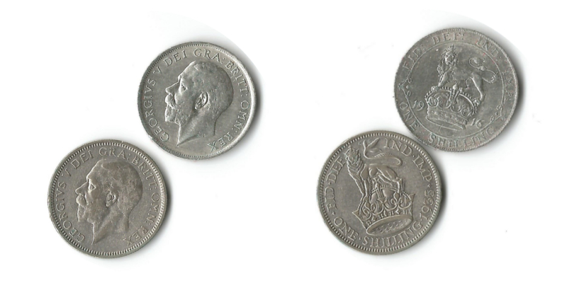  Grossbritannien 2x 1 Schilling  1916/1935 FM-Frankfurt  Feingewicht: 2x 5,23g Silber sehr schön   