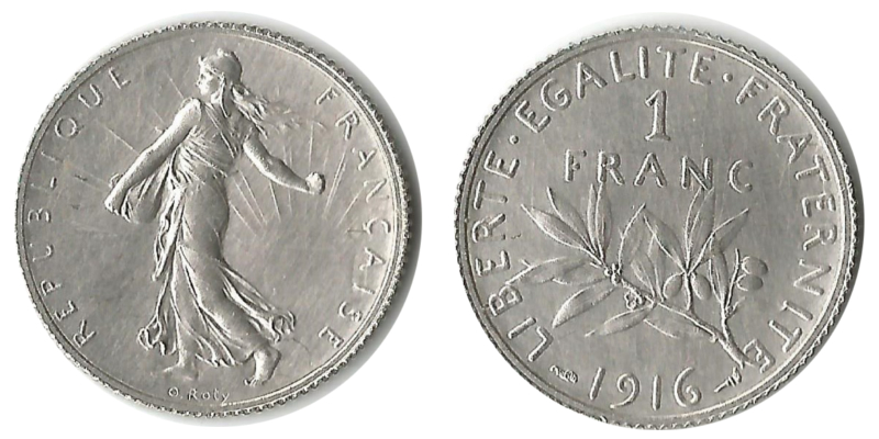  Frankreich  1 Franc  1916  FM-Frankfurt  Feingewicht: 4,17g  Silber sehr schön / vz   