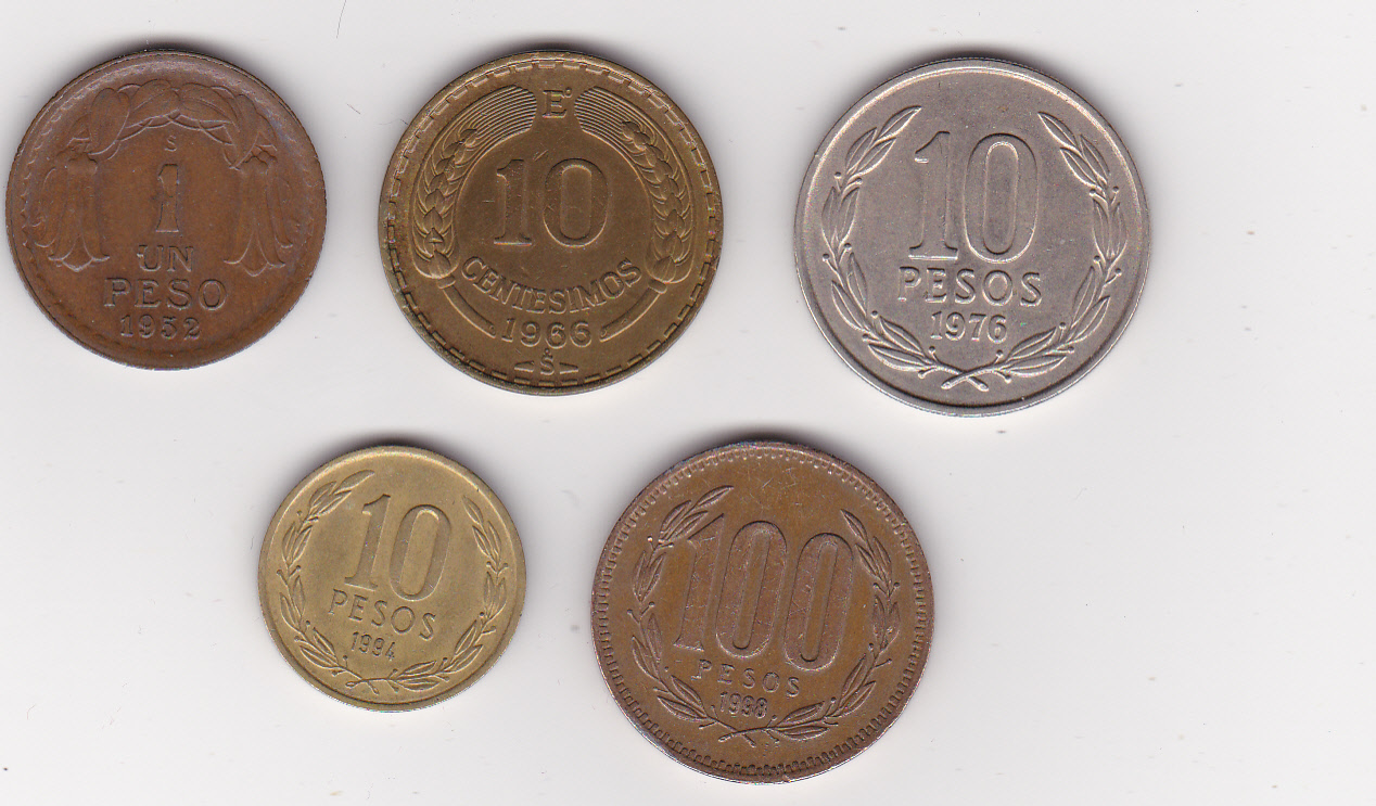  5 verschiedene Kursmünzen Chile   