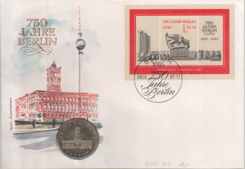  DDR Numisbrief mit 5 Mark 1987 Rotes Rathaus UNC   