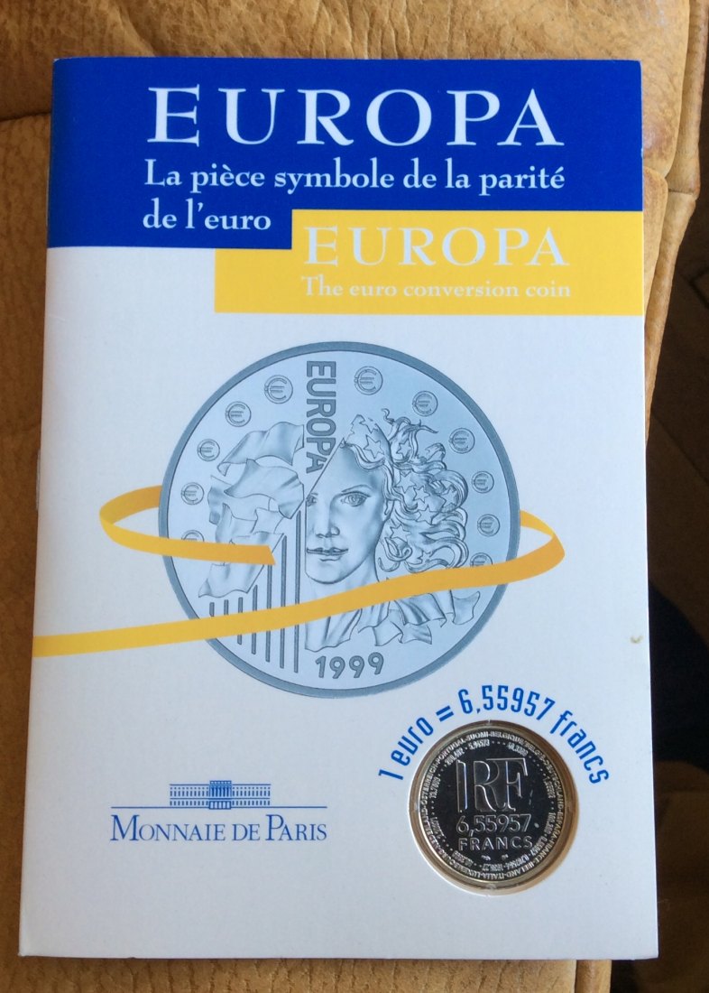  Frankreich 2 x 6,55957 Francs Silbermünzen 1999 u. 2001 Europäische Währungsunion * Parität BU   