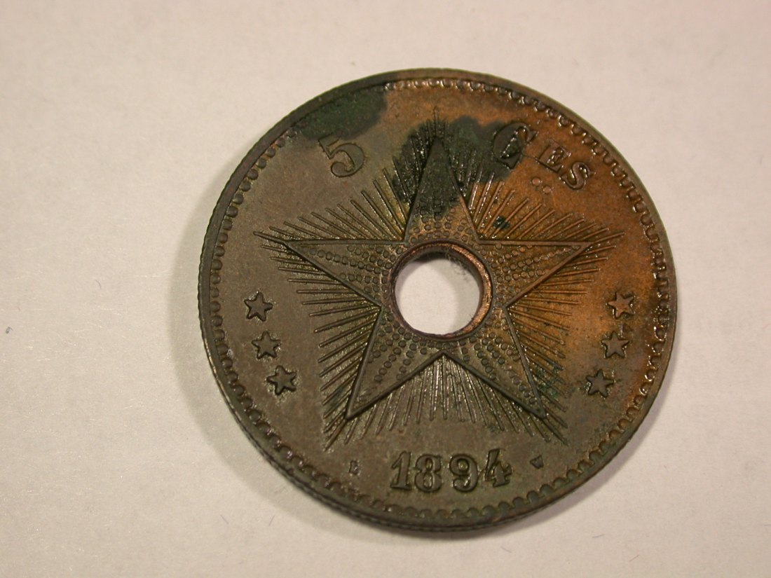  B03 Zaire Belgisch-Kongo 5 Cent. 1894 in vz-st/f.st fleckig  Orginalbilder   