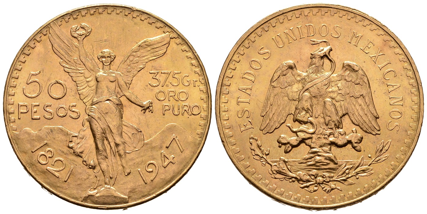 PEUS 7634 Mexiko 37,5 g Feingold. 50 Pesos GOLD 1947 Kl. Kratzer, Vorzüglich