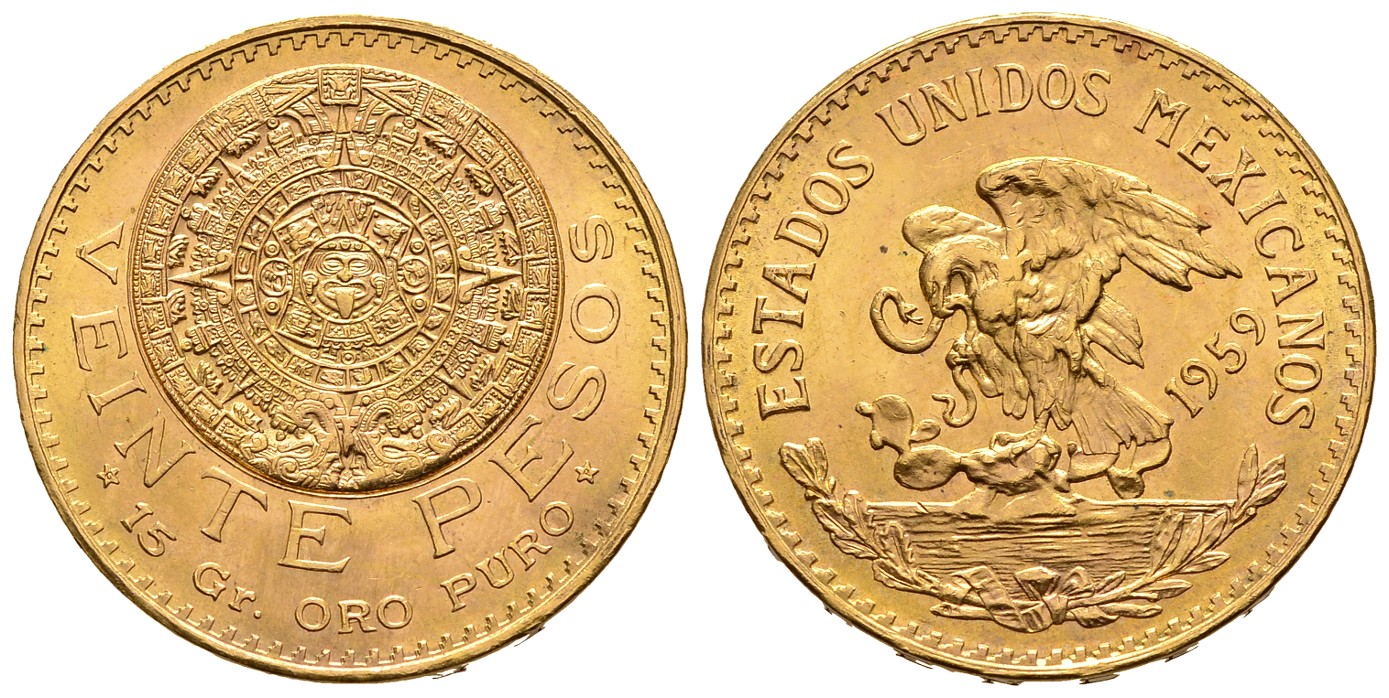 PEUS 7637 Mexiko 15 g Feingold 20 Pesos GOLD 1959 Kratzer, Vorzüglich