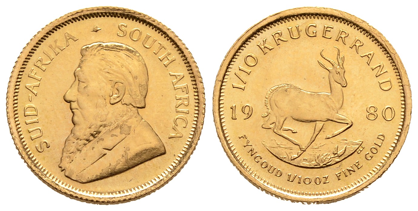 PEUS 7639 Süd-Afrika 3,11 g Feingold 1/10 Krügerrand GOLD 1/10 Unze 1980 Randfehler, Vorzüglich