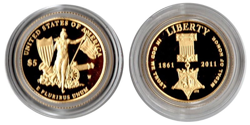 USA MM-Frankfurt  Feingewicht: 7,52g Gold 5 Dollars 2011 pp  Medal of Honor