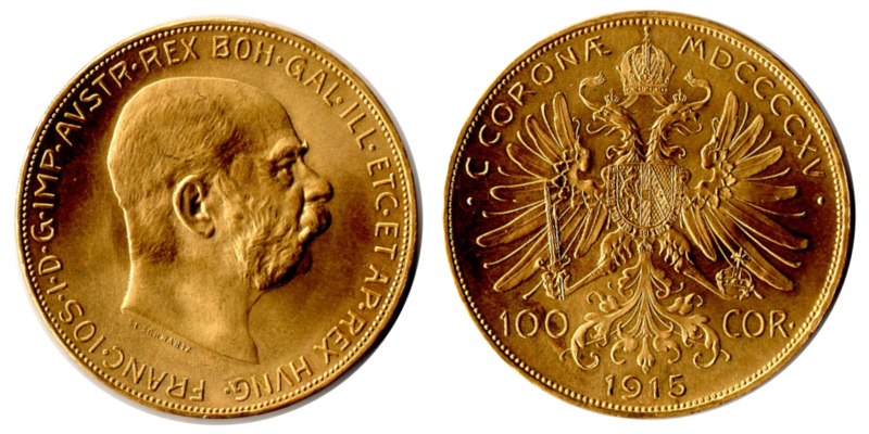 Österreich MM-Frankfurt Feingewicht: 30,49g Gold 100 Kronen 1915 vorzüglich/st