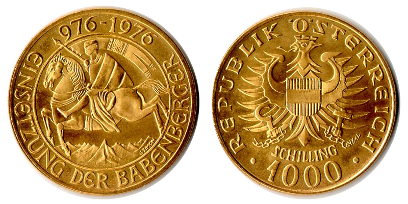 Österreich MM-Frankfurt Feingewicht: 12,15g Gold 1000 Schilling (Babenberger) 1976 vorzüglich/st