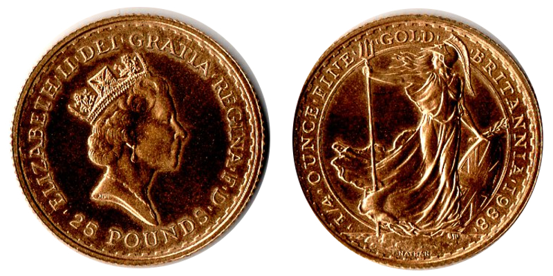 Grossbritannien MM Frankfurt Feingewicht: 7,81g Gold 25 Pounds (1/4 oz-Britannia) 1988 vorzüglich/st