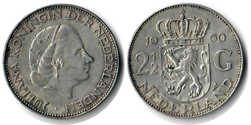  Niederlande  2 1/2 Gulden   1960  FM-Frankfurt  Feingewicht: 10,80g Silber  sehr schön   