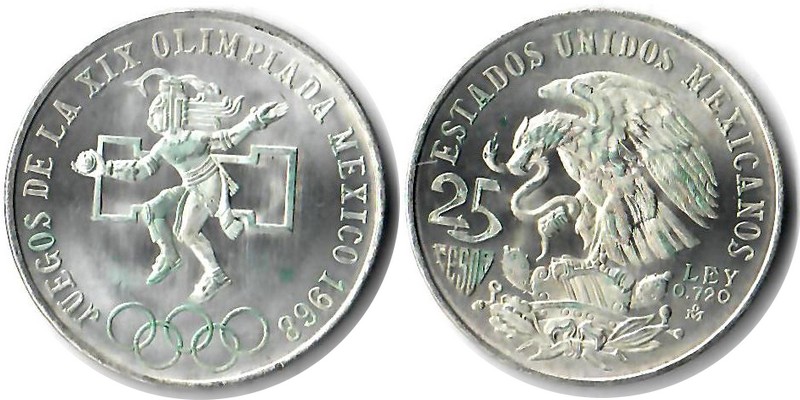  Mexiko  25 Pesos  1968  FM-Frankfurt  Feingewicht: 16,2g  Silber   sehr schön/vz   