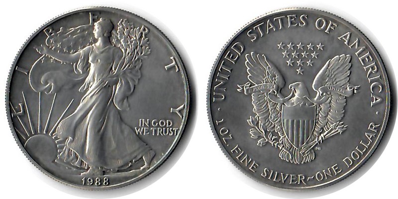  USA  1 Dollar (American Eagle) 1988 FM-Frankfurt Feingewicht: 31,1g Silber  sehr schön/vorzüglich   