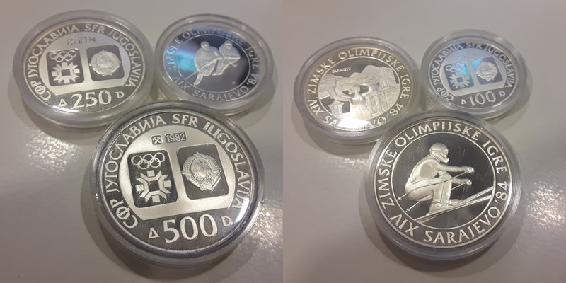  Jugoslawien Münzsatz 100, 250, 500 Dinar 1982 FM-Frankfurt  Feingewicht: 49g Silber  PP   
