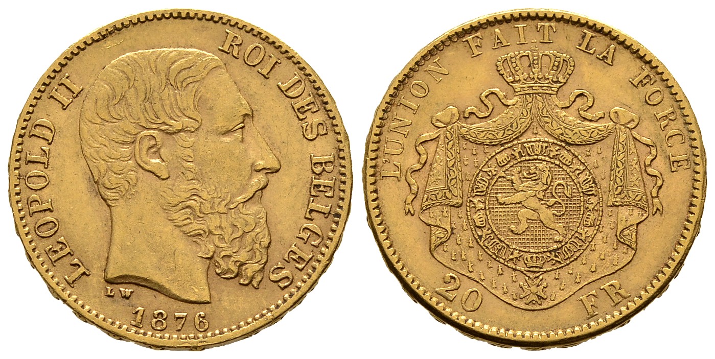 PEUS 7670 Belgien 5,81 g Feingold. Leopold II. (1865-1909) 20 Francs GOLD 1876 Sehr schön