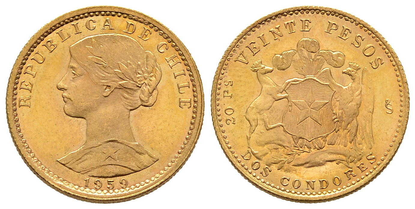 PEUS 7671 Chile 3,66 g Feingold 20 Pesos GOLD 1959 Vorzüglich