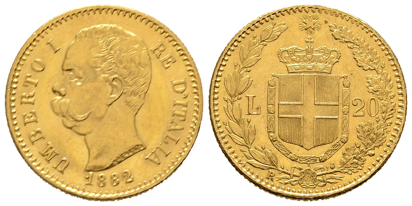 PEUS 7673 Italien 5,81 g Feingold. Umberto I. (1878 - 1900) 20 Lire GOLD 1882 R Rom Sehr schön +