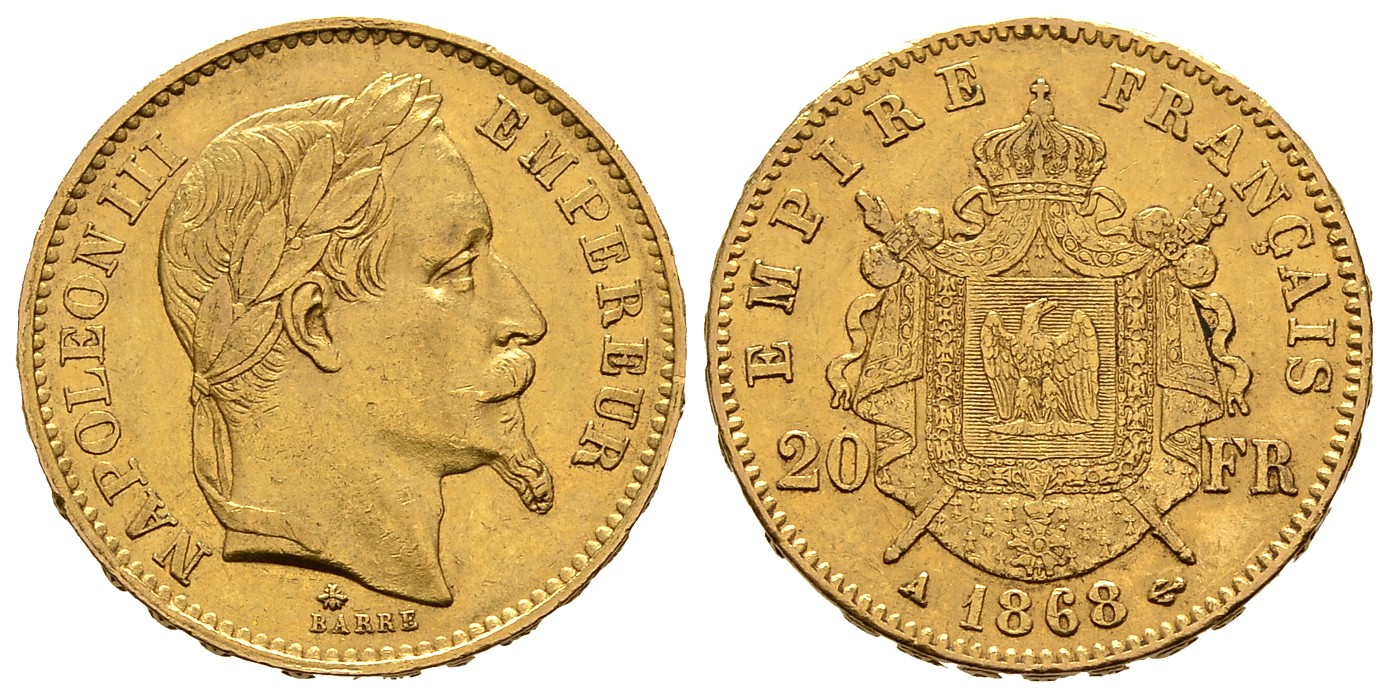 PEUS 7676 Frankreich 5,81 g Feingold. Napoleon III. (1852-1870) 20 Francs GOLD 1868 A Sehr schön +