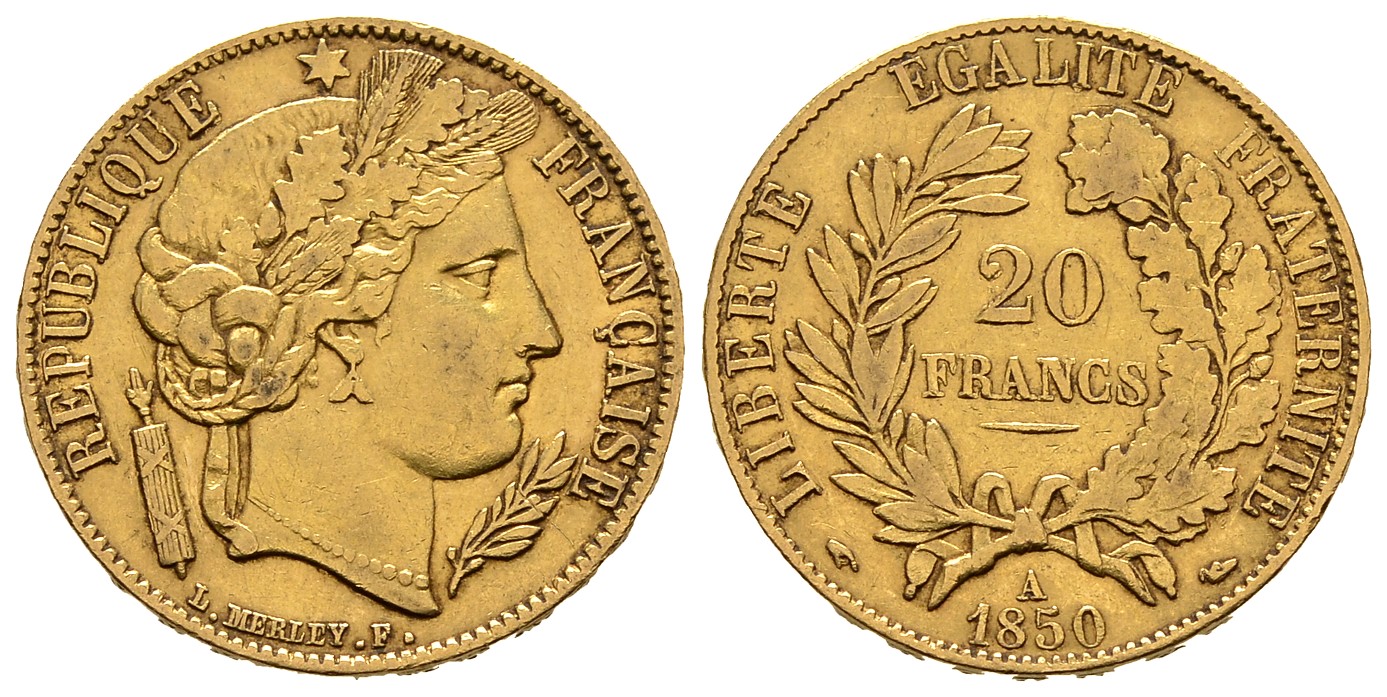PEUS 7677 Frankreich 5,81 g Feingold. Zweite Republik (1848 - 1852) 20 Francs GOLD 1850 A Kl. Kratzer, sehr schön