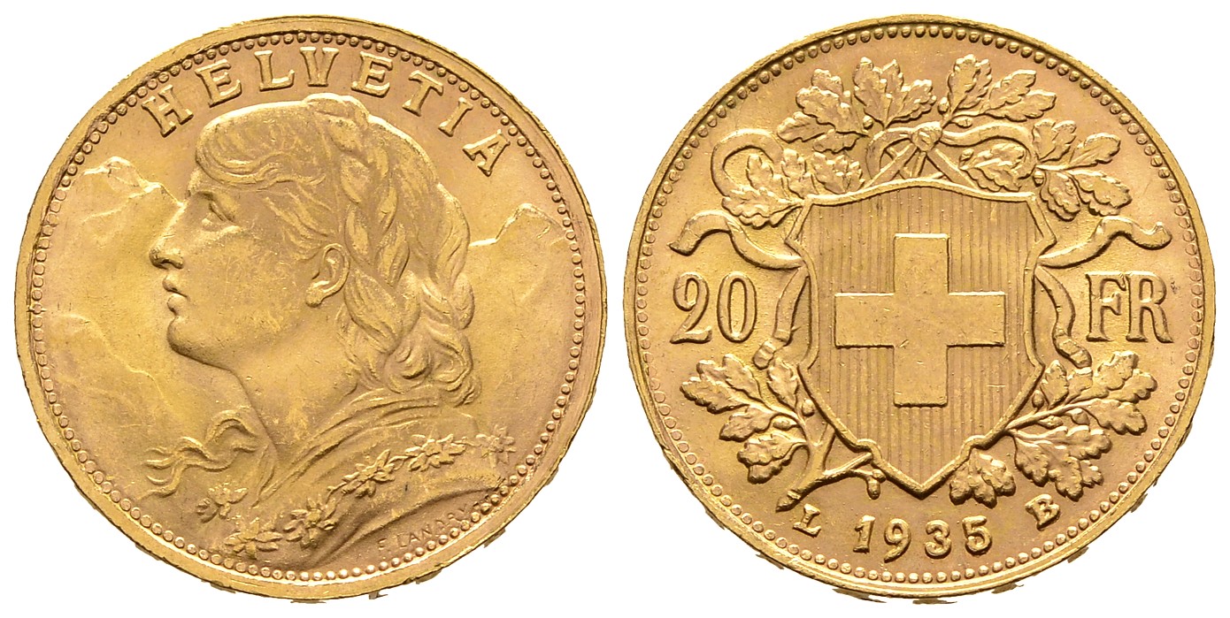 PEUS 7679 Schweiz 5,81 g Feingold. Vreneli 20 Franken GOLD L 1935 B Kl. Kratzer, Vorzüglich