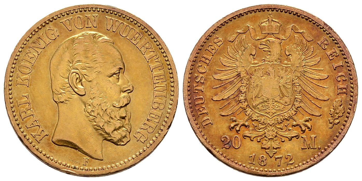 PEUS 7690 Württemberg 7,17 g Feingold. Karl (1864 - 1891) 20 Mark GOLD 1872 F Stuttgart Sehr schön