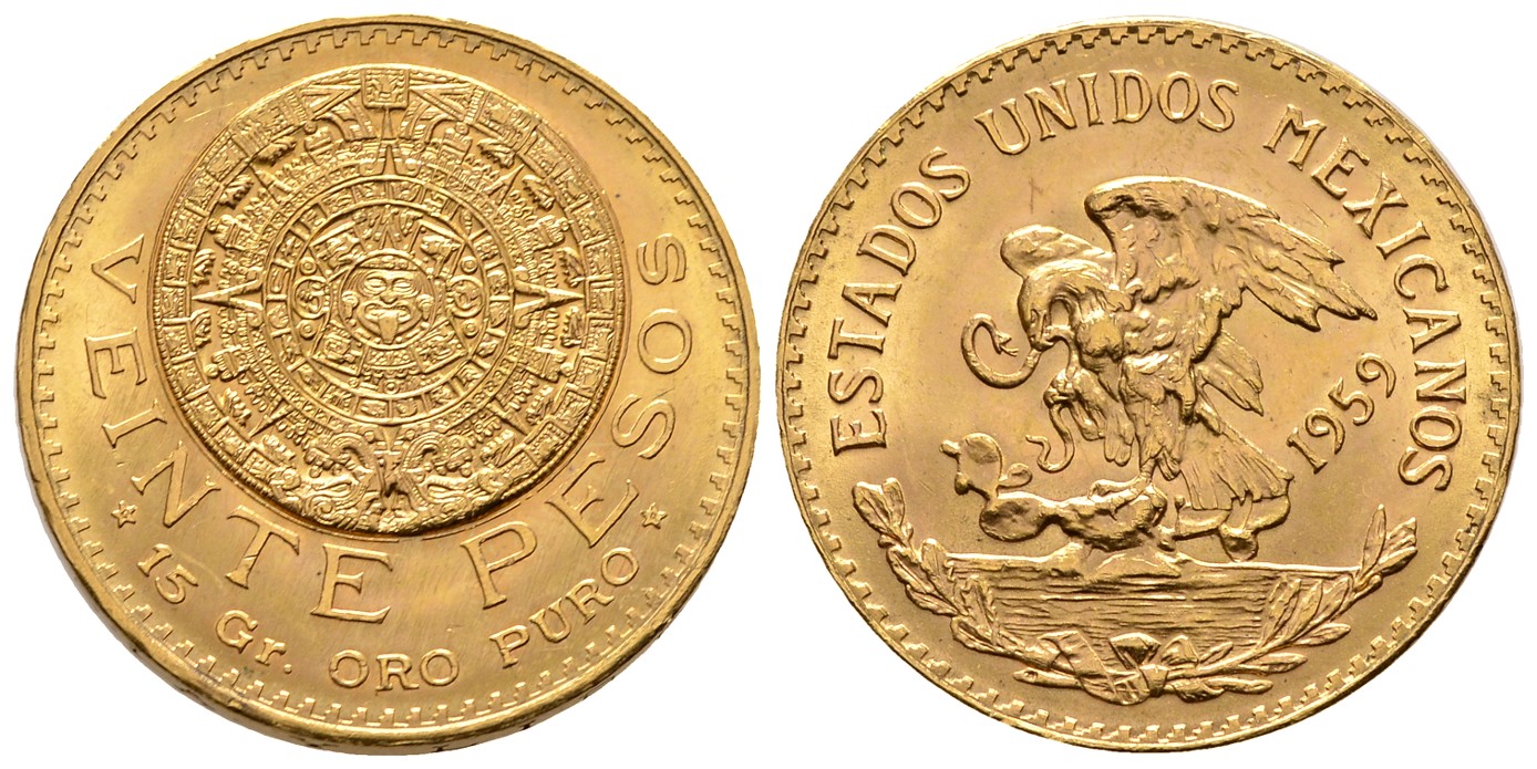 PEUS 7691 Mexiko 15 g Feingold 20 Pesos GOLD 1959 Kl. Kratzer, Vorzüglich +