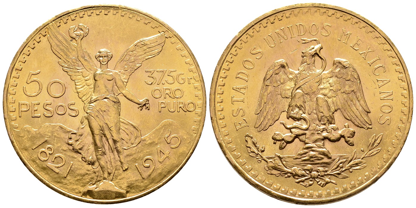 PEUS 7692 Mexiko 37,5 g Feingold. 50 Pesos GOLD 1945 Kl. Kratzer, Vorzüglich +