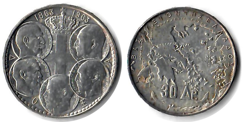  Griechenland  30 Drachmai  1963  FM-Frankfurt Feingewicht: 15,03g  Silber  sehr schön   