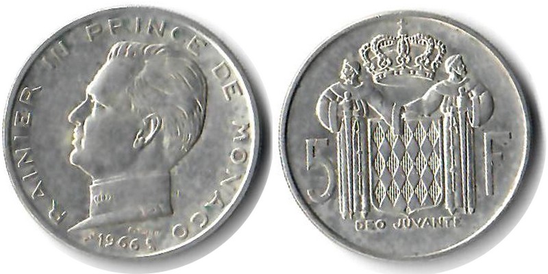  Monaco  5 Francs 1966  FM-FFM  Feingewicht: 10,02g  Silber  sehr schön   