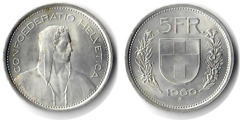  Schweiz  5 Franken  1969 B  FM-Frankfurt Feingewicht: 12.52g Silber vorzüglich   