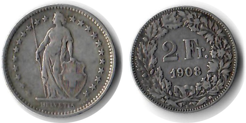  Schweiz  2 Franken  1908  FM-Frankfurt  Feingewicht: 8,35g Silber sehr schön   