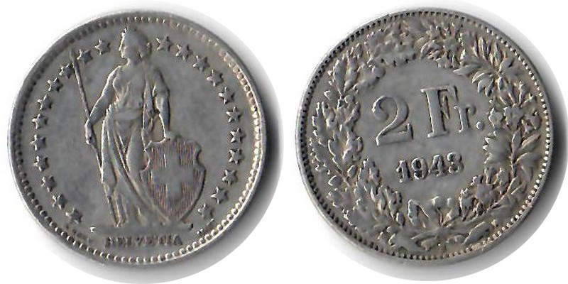  Schweiz  2 Franken  1943  FM-Frankfurt  Feingewicht: 8,35g Silber sehr schön   