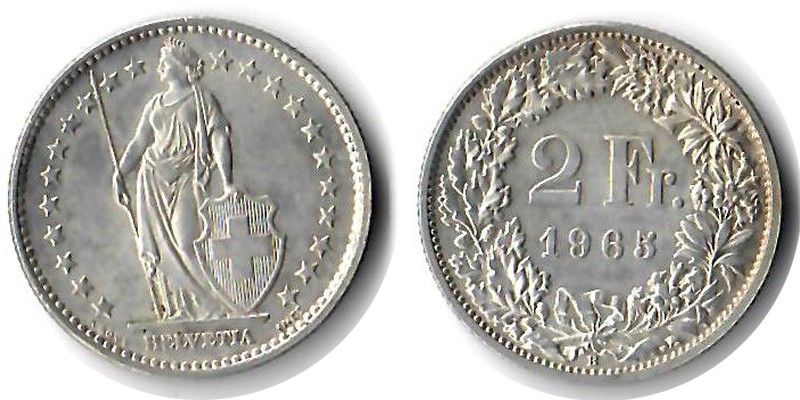  Schweiz  2 Franken  1965  FM-Frankfurt  Feingewicht: 8,35g Silber sehr schön/vz   