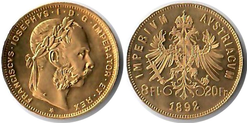 Österreich MM-Frankfurt Feingewicht: 5,81g Gold 8 Florin - 20 Francs 1892 vorzüglich