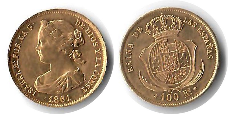 Spanien MM-Frankfurt Feingewicht: 7,52g Gold 100 Reales 1861 sehr schön