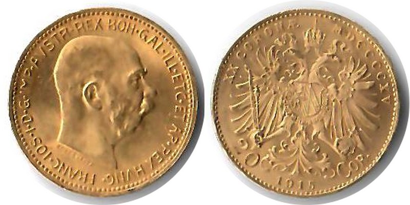 Österreich MM-Frankfurt Feingewicht: 6,10g Gold 20 Kronen 1915 vorzüglich/ss
