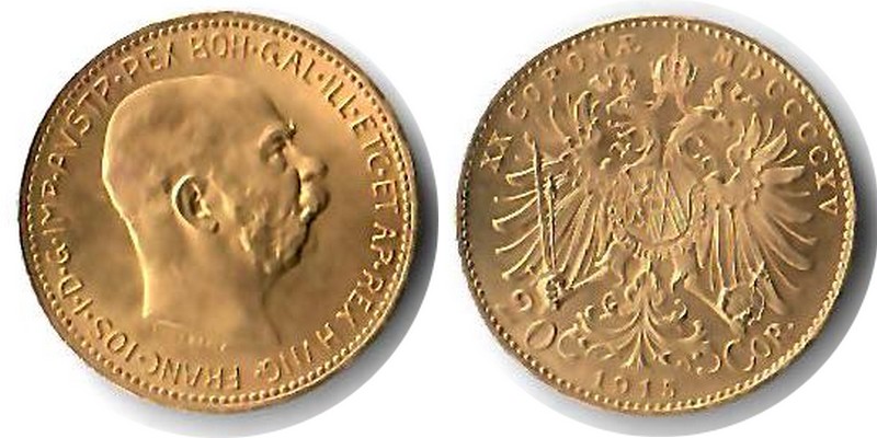 Österreich MM-Frankfurt Feingewicht: 6,10g Gold 20 Kronen 1915 vorzüglich